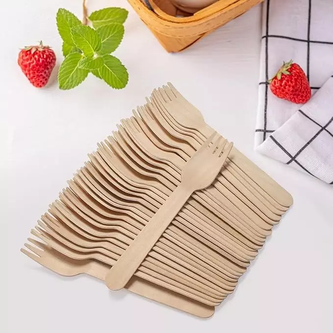 UMBRELLA CORPORATION 140 mm Disposable Wooden Forks  for Parties, Weddings, Events (Pack of 100)