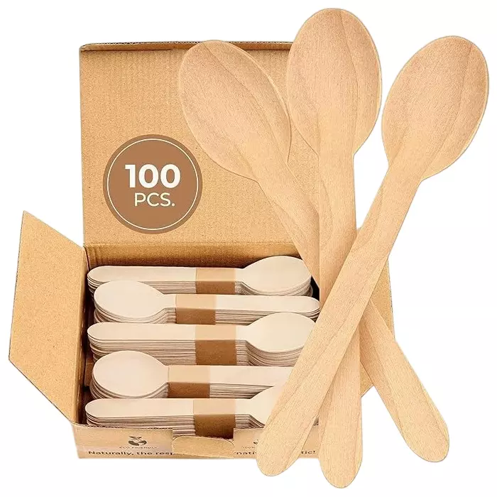UMBRELLA CORPORATION 160 mm Disposable Spoons Wooden Body  for Parties, Weddings, Events (Pack of 100)