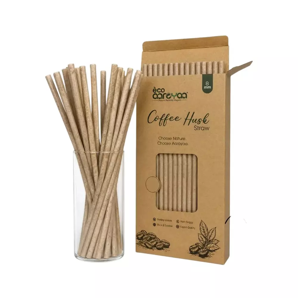 Eco Aaroyaa Coffee Husk Straw Sugarcane Bagasse Natural Brown 21 cm Length 8 mm Diameter for Cold Beverages, (Pack of 50 Pcs)