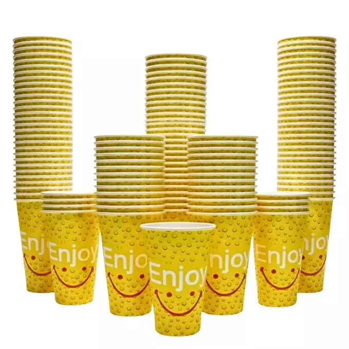 UMBRELLA CORPORATION 300 ml Disposable Paper Cups Yellow Color Abstract Print Pattern (Pack of 100)