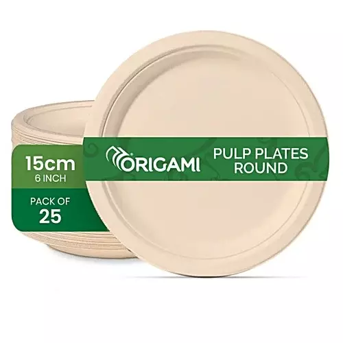 Origami Pulp Plates 152 mm (6 inch) Biodegradable & Eco-friendly Sugarcane Paper White, 1291 (Pack of 10 Packets)