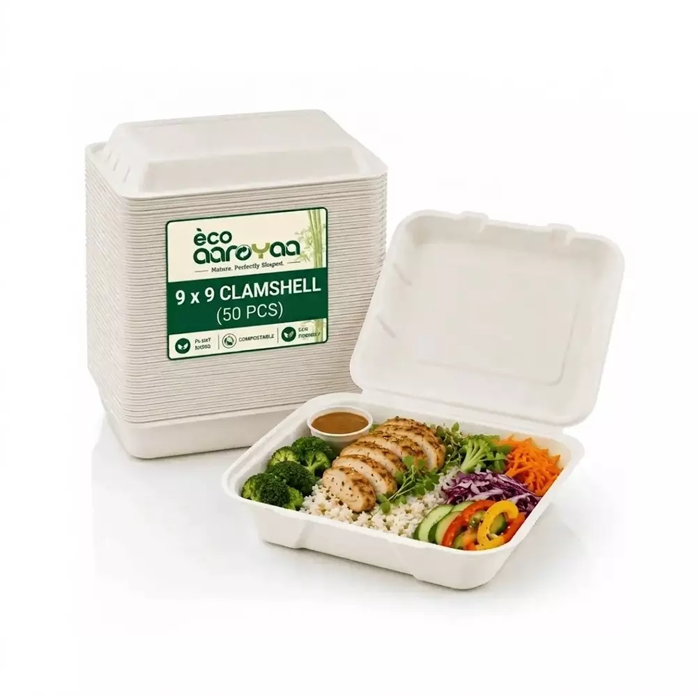 eco-aaroyaa-9x9-clamshell-container-sugarcane-bagasse-white-for-serving-snack-dinner-foods-pack-of-50-pcs