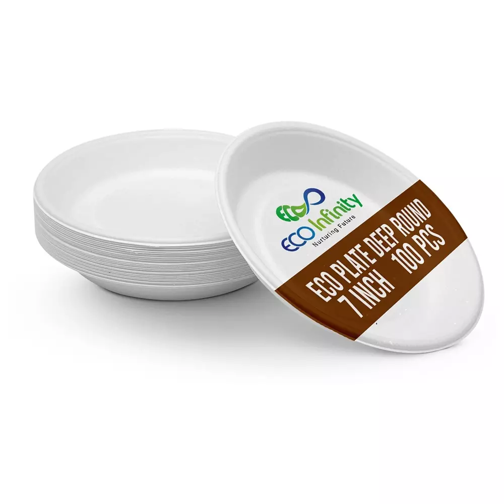 eco-infinity-disposable-plate-round-shape-white-sugarcane-bagasse-7-inch-1778-cm-size-for-serving-snack-dinner-foods-pack-of-100-pcs