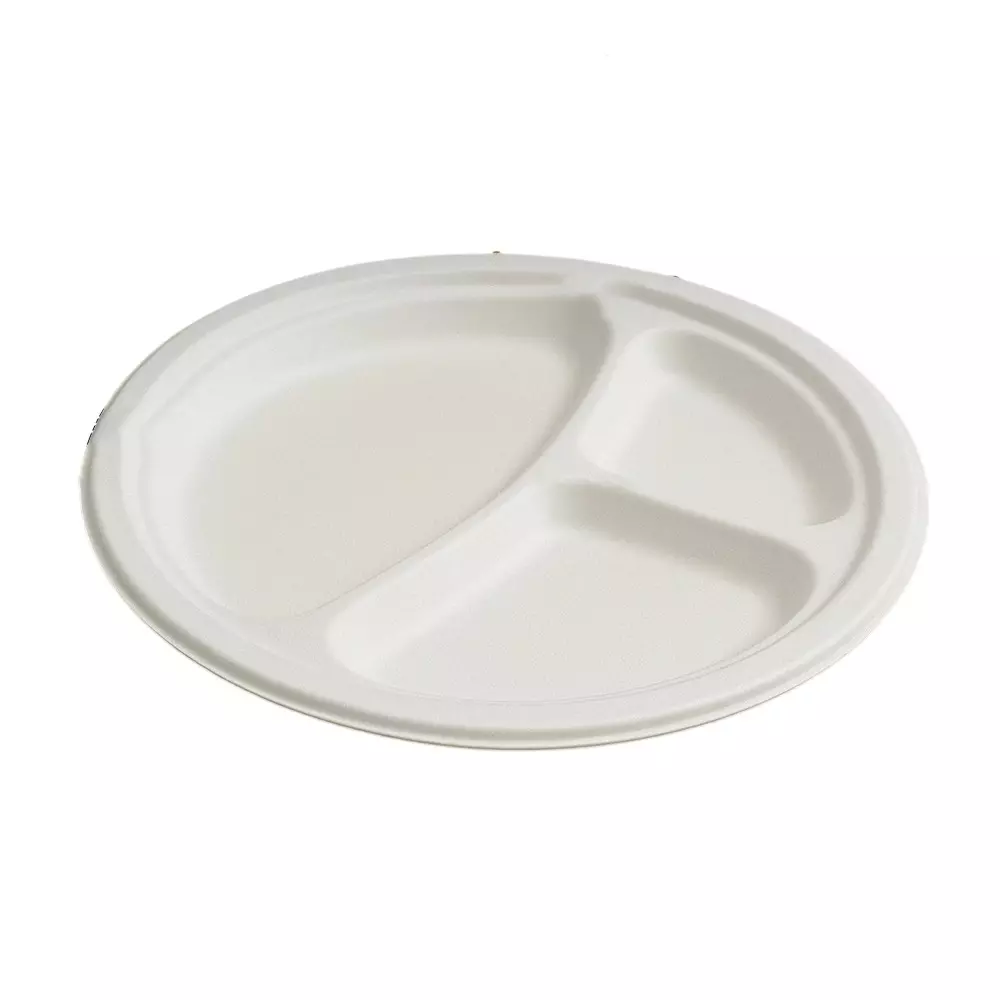 Eco Infinity 3 Compartment Sectioned Disposable Plate Round Shape White Sugarcane Bagasse 10 Inch (25.4 cm) Size for Serving Snack & Dinner Foods, (Pack of 25 Pcs)