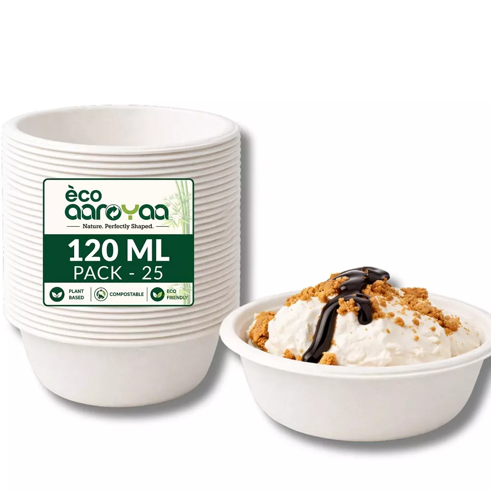 eco-aaroyaa-disposable-bowl-sugarcane-bagasse-white-round-shape-120-ml-capacity-for-desserts-chutneys-sauces-ice-cream-and-snacks-pack-of-25-pcs
