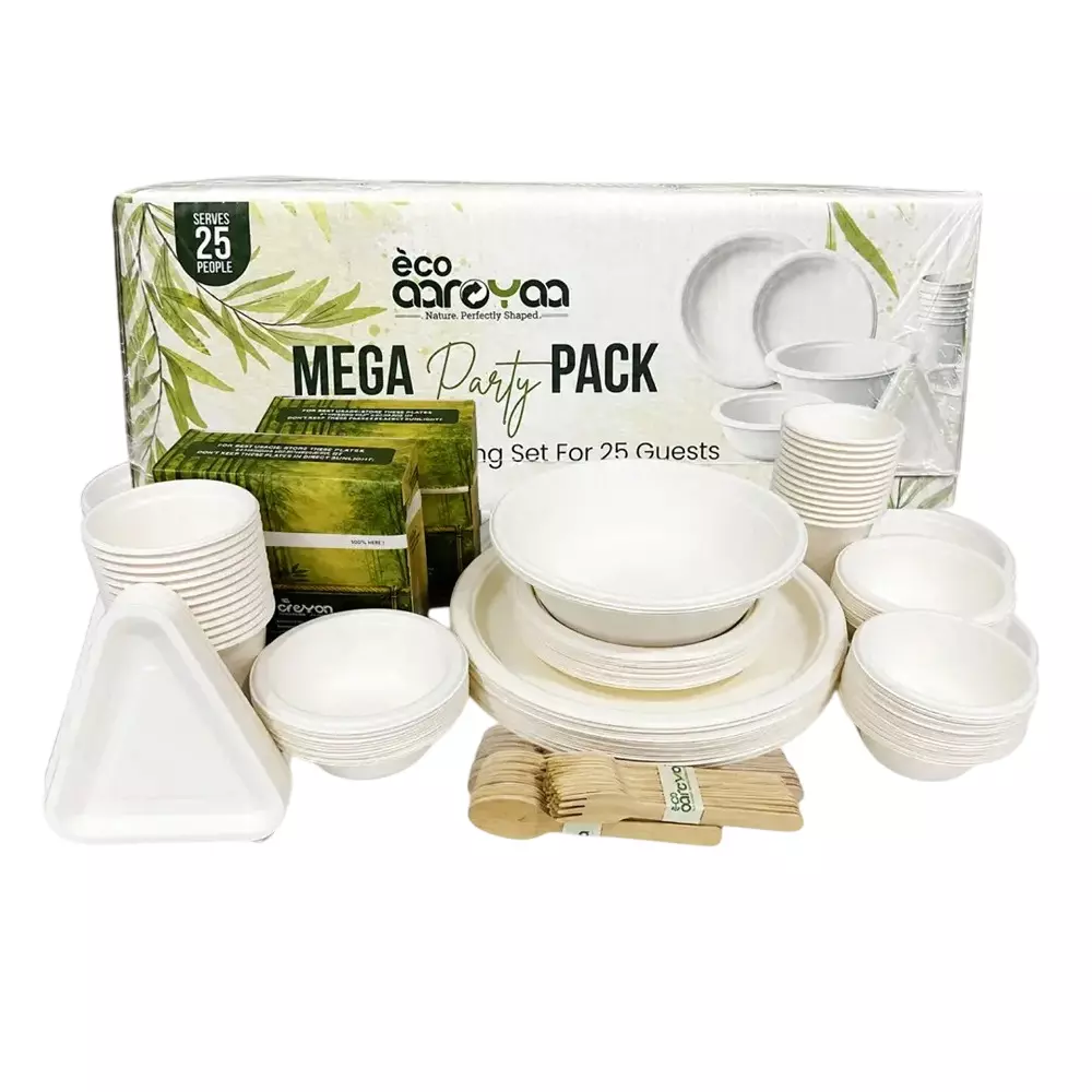Eco Aaroyaa Mega Party Pack Sugarcane Bagasse Smooth Finish White for 25 People Serving