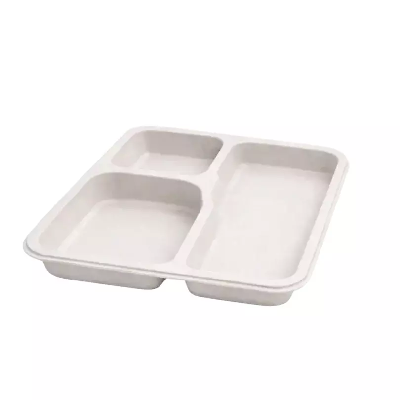 Eco Aaroyaa 3 Compartment Meal Tray with Lid Sugarcane Bagasse White for Serving Snack & Foods, (Pack of 25 Pcs)