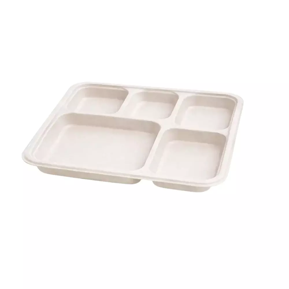Eco Aaroyaa 5 Compartment Meal Tray with Lid Sugarcane Bagasse Matte White for Serving Snack & Foods, (Pack of 25 Pcs)