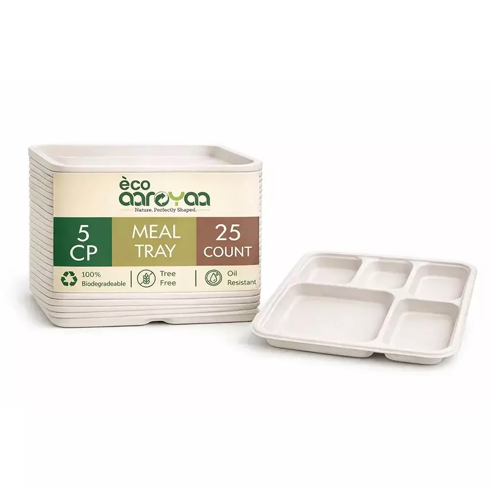 eco-aaroyaa-5-compartment-meal-tray-with-lid-sugarcane-bagasse-matte-finish-white-for-serving-snack-dinner-foods-pack-of-25-pcs