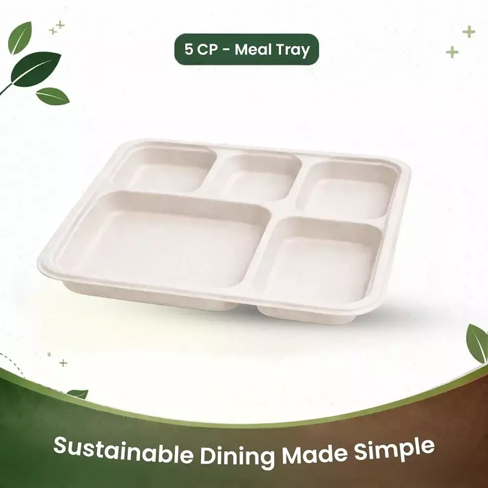 eco-aaroyaa-5-compartment-meal-tray-with-lid-sugarcane-bagasse-matte-finish-white-for-serving-snack-dinner-foods-pack-of-25-pcs