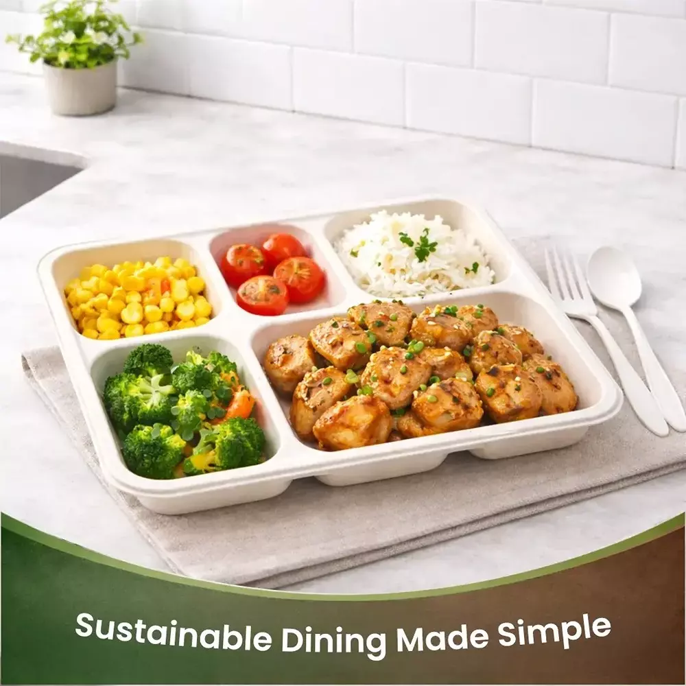 eco-aaroyaa-5-compartment-meal-tray-with-lid-sugarcane-bagasse-matte-finish-white-for-serving-snack-dinner-foods-pack-of-25-pcs