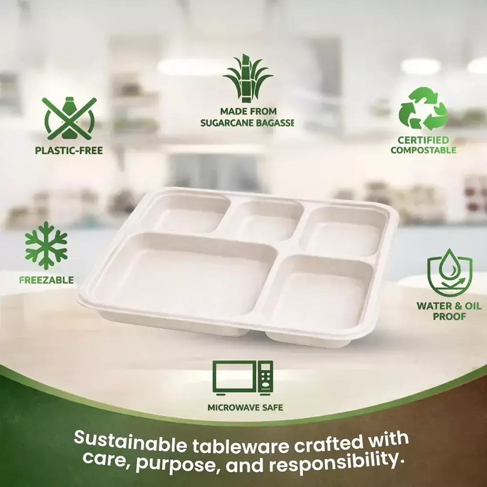 eco-aaroyaa-5-compartment-meal-tray-with-lid-sugarcane-bagasse-matte-finish-white-for-serving-snack-dinner-foods-pack-of-25-pcs