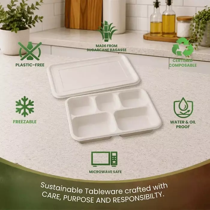 eco-aaroyaa-5-compartment-meal-tray-with-lid-sugarcane-bagasse-matte-finish-white-for-serving-snack-dinner-foods-pack-of-25-pcs