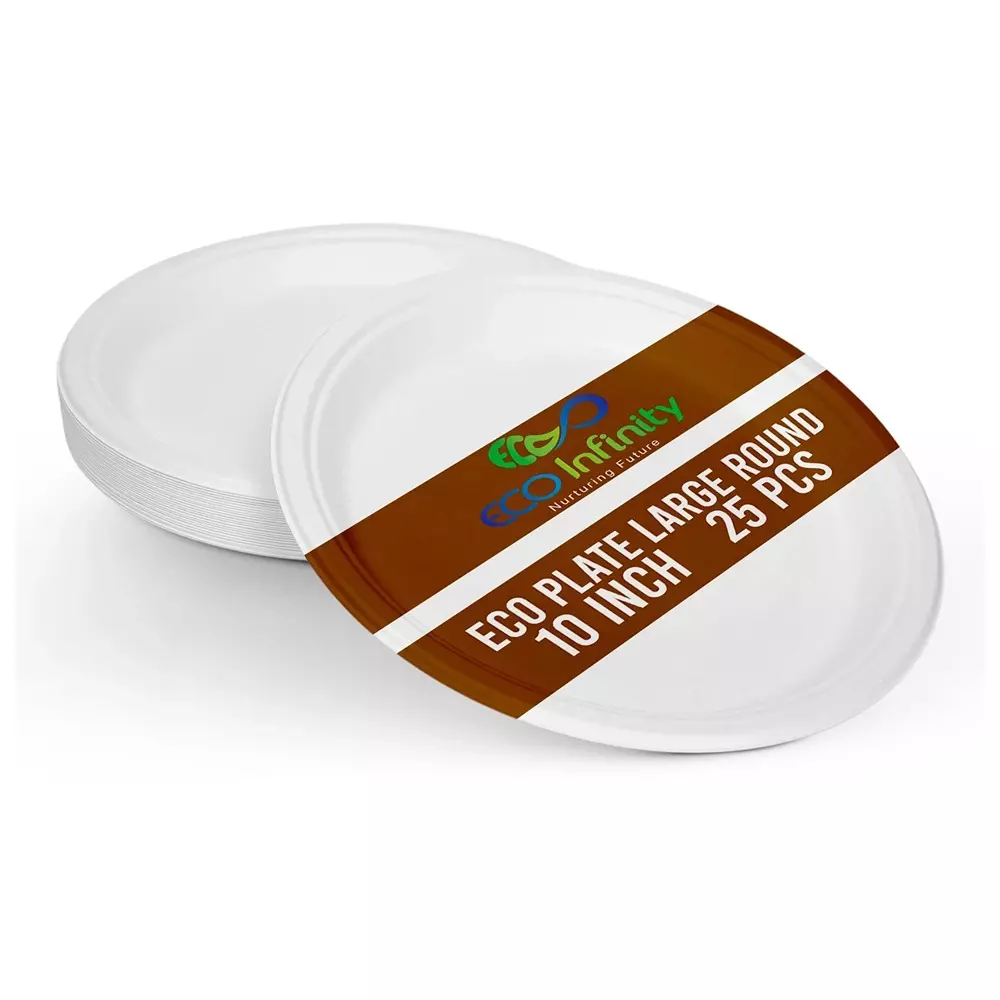 eco-infinity-disposable-plate-round-shape-white-sugarcane-bagasse-10-inch-254-cm-size-for-serving-snack-dinner-foods-pack-of-25-pcs