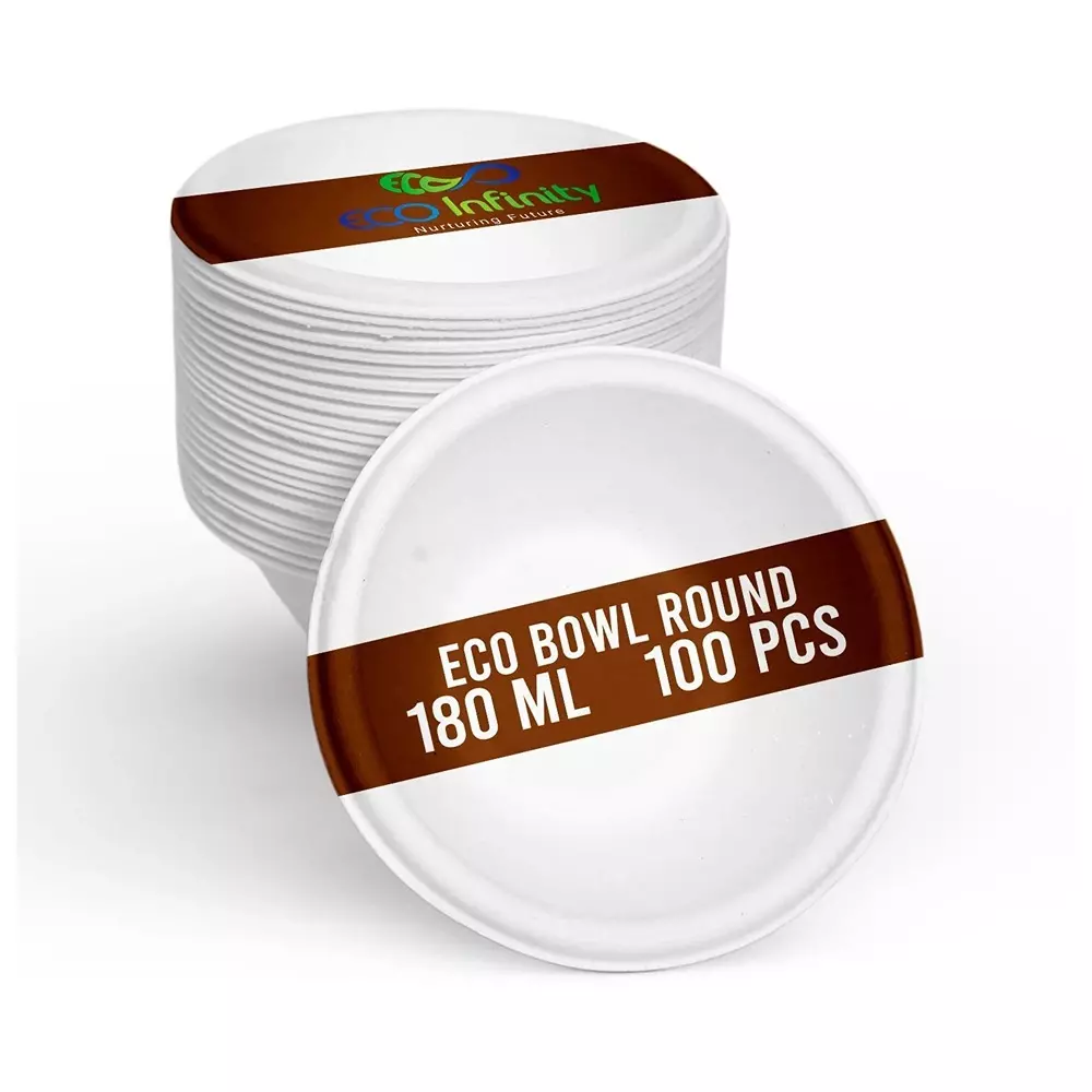 eco-infinity-disposable-bowl-round-shape-white-sugarcane-bagasse-180-ml-capacity-for-serving-snack-dinner-foods-pack-of-100-pcs