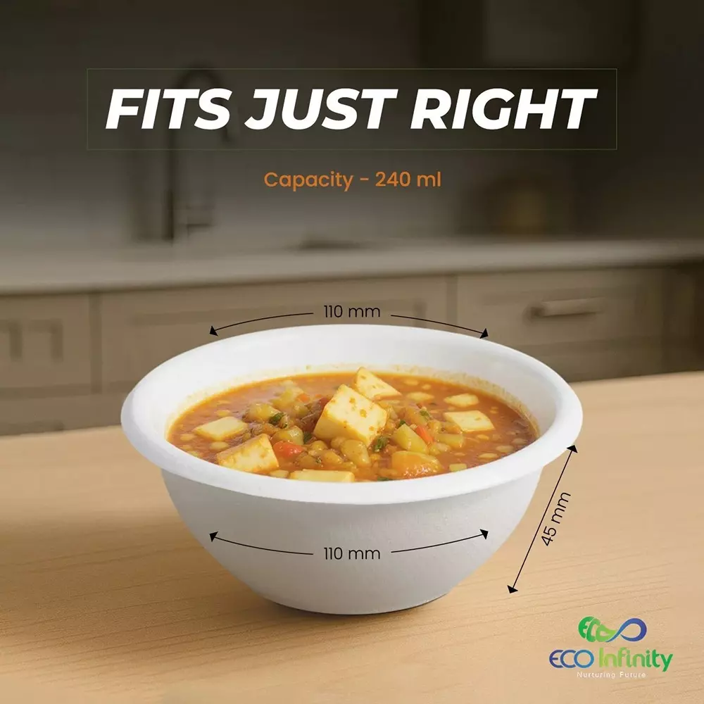 eco-infinity-disposable-bowl-round-shape-white-sugarcane-bagasse-240-ml-capacity-for-serving-snack-dinner-foods-pack-of-100-pcs