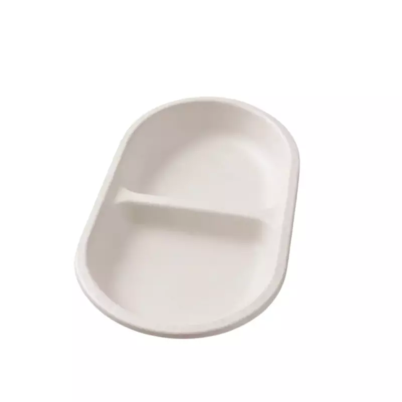Eco Aaroyaa 2 Compartment Disposable Plate Sugarcane Bagasse White Oval for Serving Snack & Foods, (Pack of 25 Pcs)