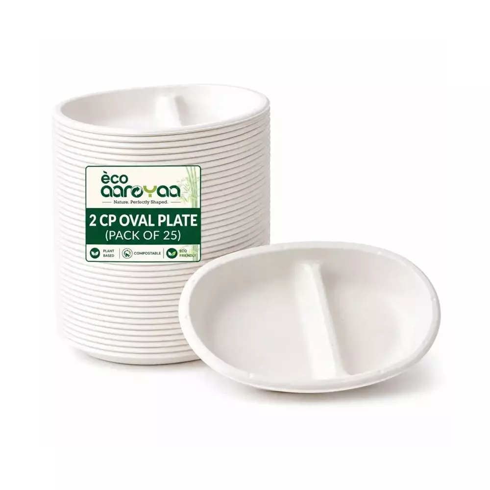 eco-aaroyaa-2-compartment-disposable-plate-sugarcane-bagasse-white-oval-shape-for-serving-snack-dinner-foods-pack-of-25-pcs
