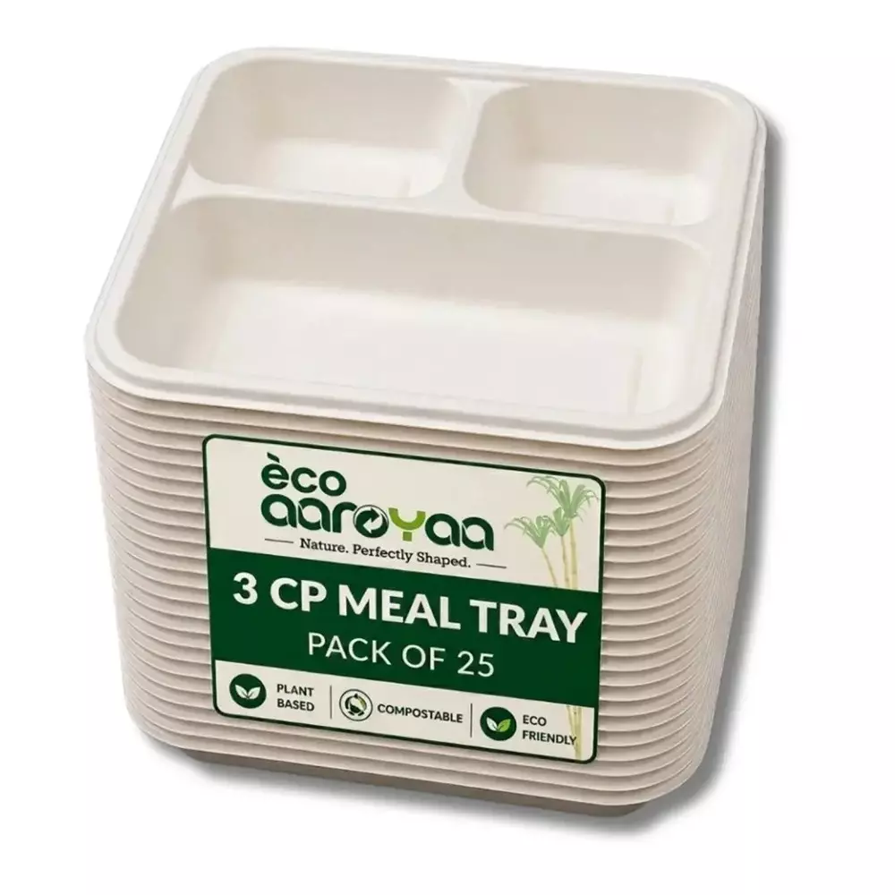 eco-aaroyaa-3-compartment-disposable-meal-tray-sugarcane-bagasse-white-square-shape-for-serving-snack-dinner-foods-pack-of-25-pcs