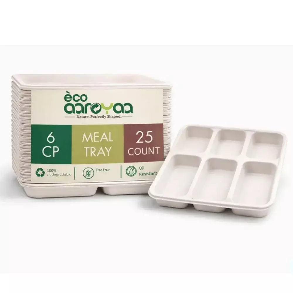 eco-aaroyaa-6-compartment-disposable-meal-tray-sugarcane-bagasse-matte-finish-white-square-shape-for-serving-snack-dinner-foods-pack-of-25-pcs