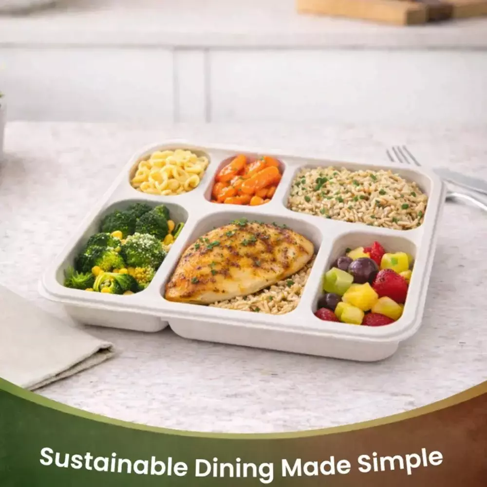 eco-aaroyaa-6-compartment-disposable-meal-tray-sugarcane-bagasse-matte-finish-white-square-shape-for-serving-snack-dinner-foods-pack-of-25-pcs