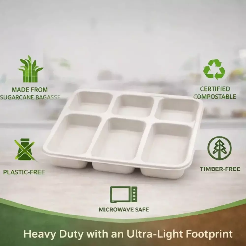 eco-aaroyaa-6-compartment-disposable-meal-tray-sugarcane-bagasse-matte-finish-white-square-shape-for-serving-snack-dinner-foods-pack-of-25-pcs