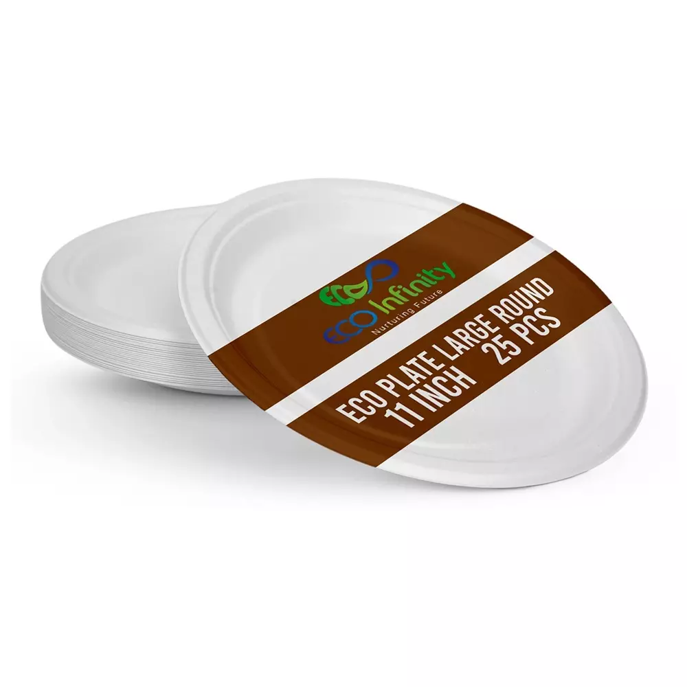 eco-infinity-disposable-plate-round-shape-white-sugarcane-bagasse-11-inch-2794-cm-size-for-serving-snack-dinner-foods-pack-of-25-pcs