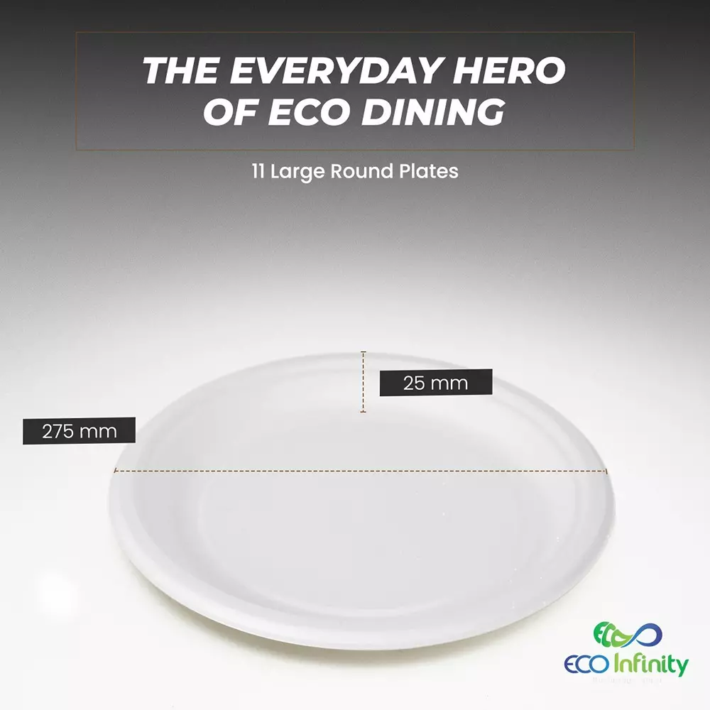 eco-infinity-disposable-plate-round-shape-white-sugarcane-bagasse-11-inch-2794-cm-size-for-serving-snack-dinner-foods-pack-of-25-pcs