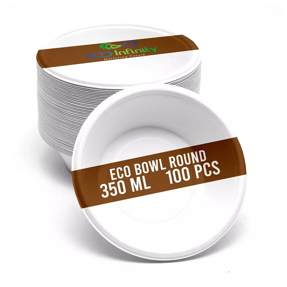 eco-infinity-disposable-bowl-round-shape-white-sugarcane-bagasse-350-ml-capacity-for-serving-snack-dinner-foods-pack-of-100-pcs