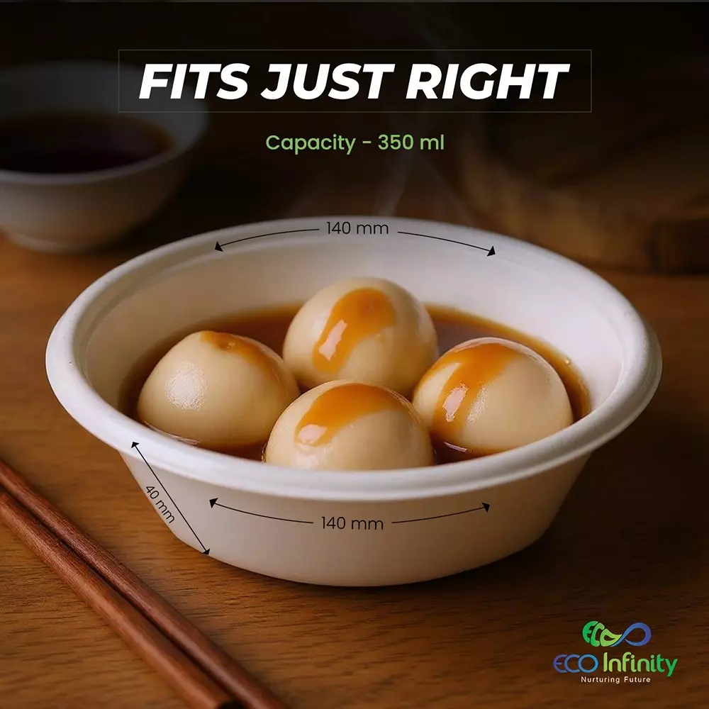 eco-infinity-disposable-bowl-round-shape-white-sugarcane-bagasse-350-ml-capacity-for-serving-snack-dinner-foods-pack-of-100-pcs