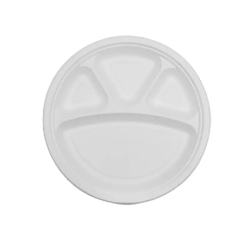 Eco Infinity 4 Compartment Sectioned Disposable Plate Round Shape White Sugarcane Bagasse 11 Inch (27.94 cm) Size for Serving Snack & Dinner Foods, (Pack of 25 Pcs)