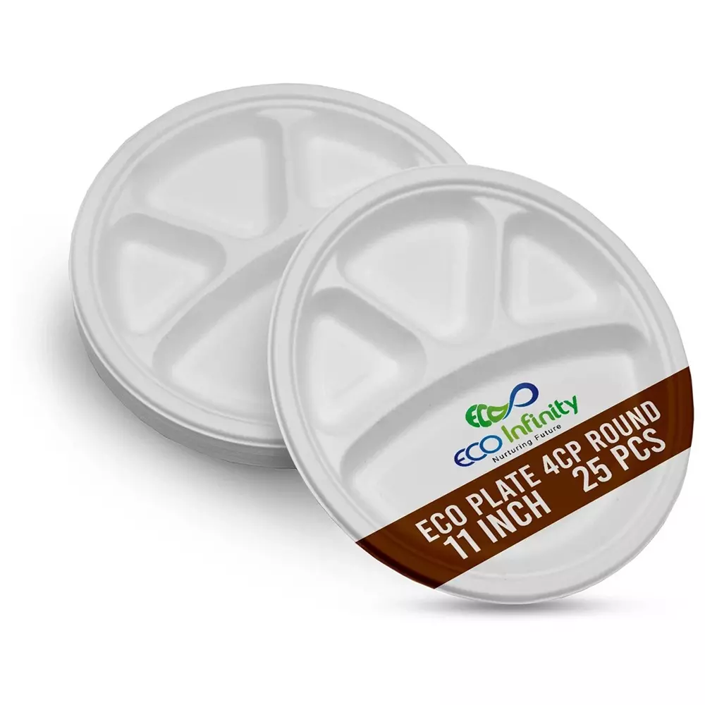 eco-infinity-4-compartment-sectioned-disposable-plate-round-shape-white-sugarcane-bagasse-11-inch-2794-cm-size-for-serving-snack-dinner-foods-pack-of-25-pcs