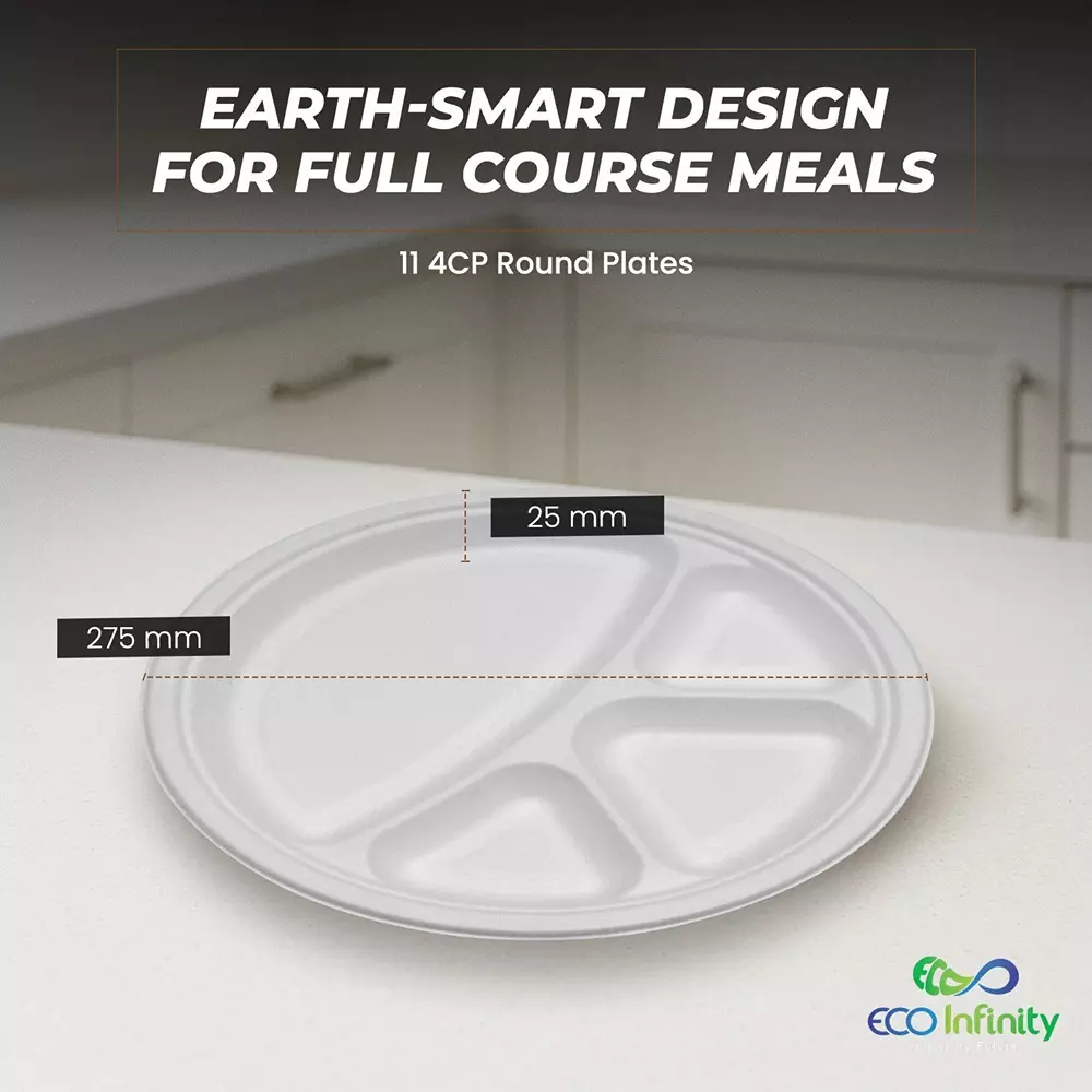 eco-infinity-4-compartment-sectioned-disposable-plate-round-shape-white-sugarcane-bagasse-11-inch-2794-cm-size-for-serving-snack-dinner-foods-pack-of-25-pcs