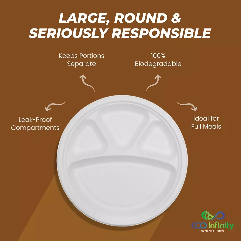 eco-infinity-4-compartment-sectioned-disposable-plate-round-shape-white-sugarcane-bagasse-11-inch-2794-cm-size-for-serving-snack-dinner-foods-pack-of-25-pcs
