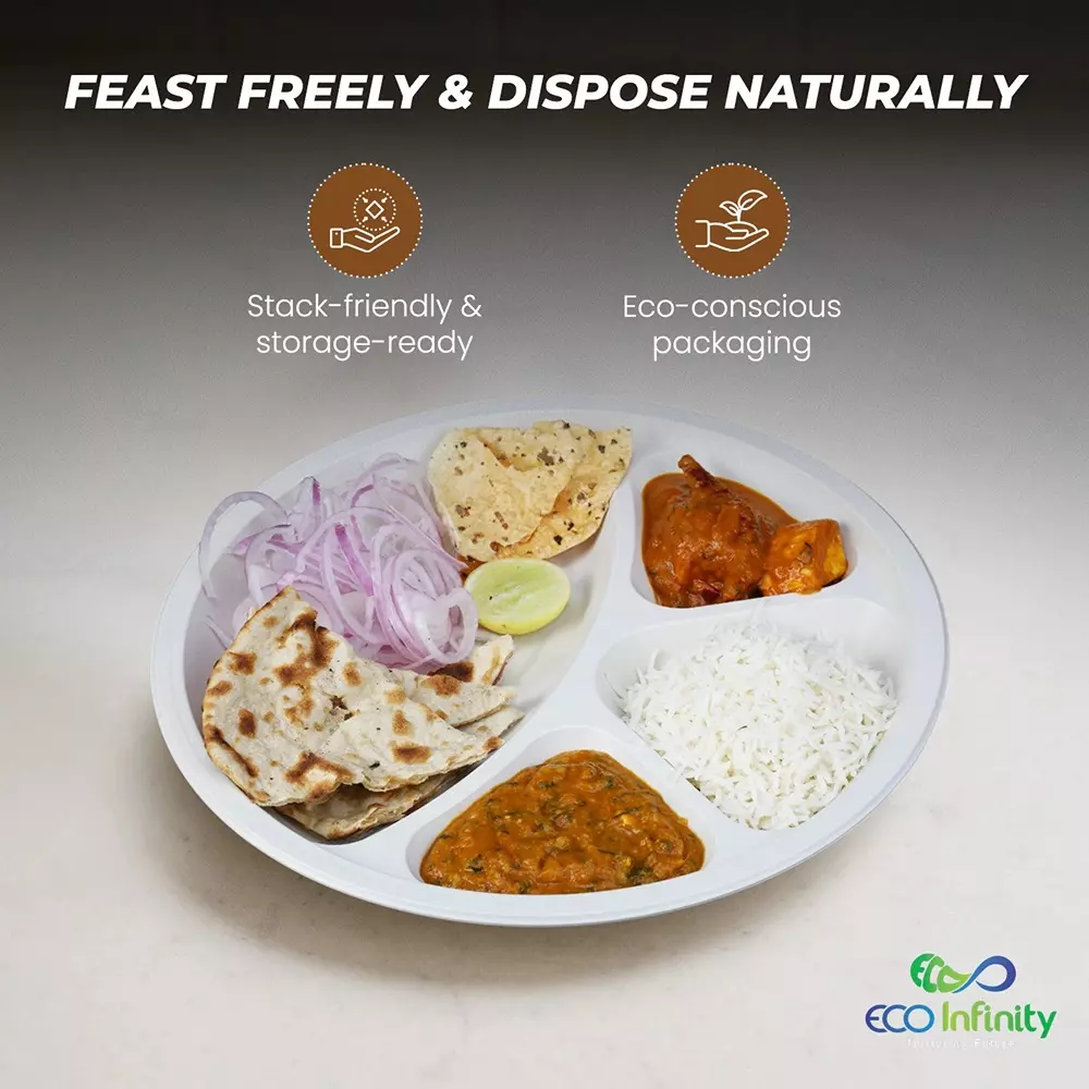 eco-infinity-4-compartment-sectioned-disposable-plate-round-shape-white-sugarcane-bagasse-11-inch-2794-cm-size-for-serving-snack-dinner-foods-pack-of-25-pcs