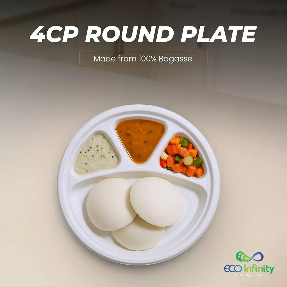 eco-infinity-4-compartment-sectioned-disposable-plate-round-shape-white-sugarcane-bagasse-11-inch-2794-cm-size-for-serving-snack-dinner-foods-pack-of-25-pcs