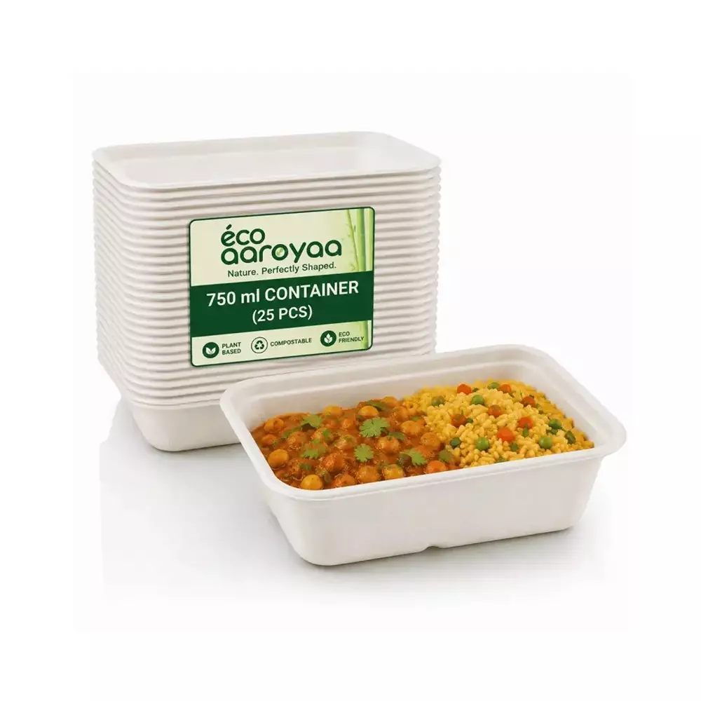 eco-aaroyaa-container-with-lid-sugarcane-bagasse-white-750-ml-capacity-for-serving-snack-dinner-foods-pack-of-25-pcs