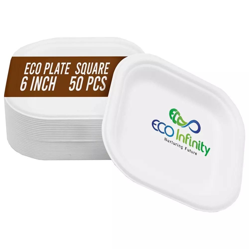 eco-infinity-disposable-plate-square-shape-white-sugarcane-bagasse-6-inch-1524-cm-size-for-serving-snack-dinner-foods-pack-of-50-pcs