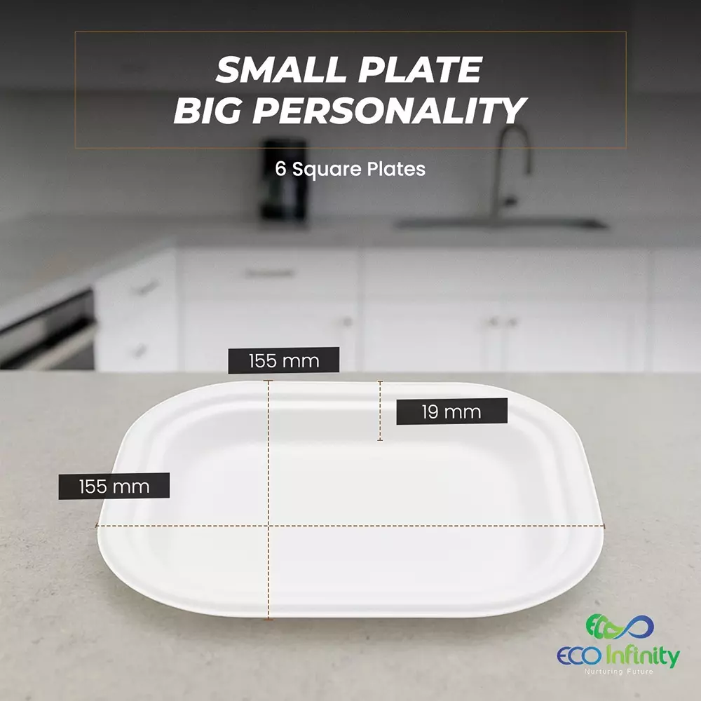 eco-infinity-disposable-plate-square-shape-white-sugarcane-bagasse-6-inch-1524-cm-size-for-serving-snack-dinner-foods-pack-of-50-pcs