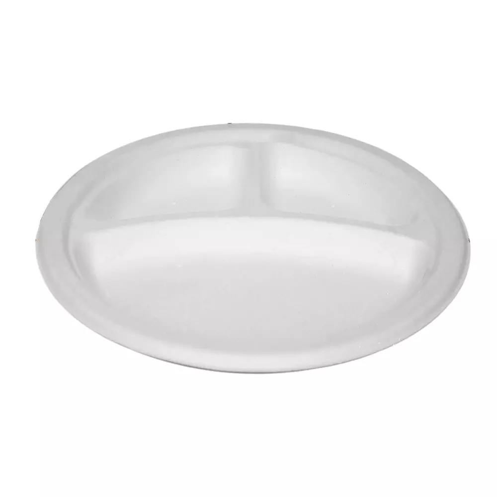 Eco Infinity 3 Compartment Sectioned Disposable Plate Round Shape White Sugarcane Bagasse 9 Inch (22.86 cm) Size for Serving Snack & Dinner Foods, (Pack of 25 Pcs)