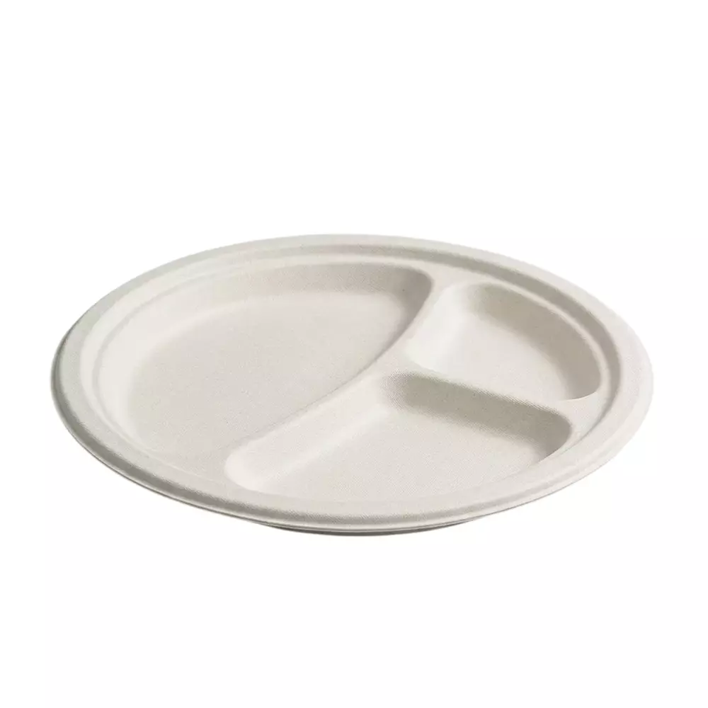 Eco Infinity Sectioned Disposable Plate Round White 3 Compartments 254 mm (10 Inch) Plate Size (Pack of 100)