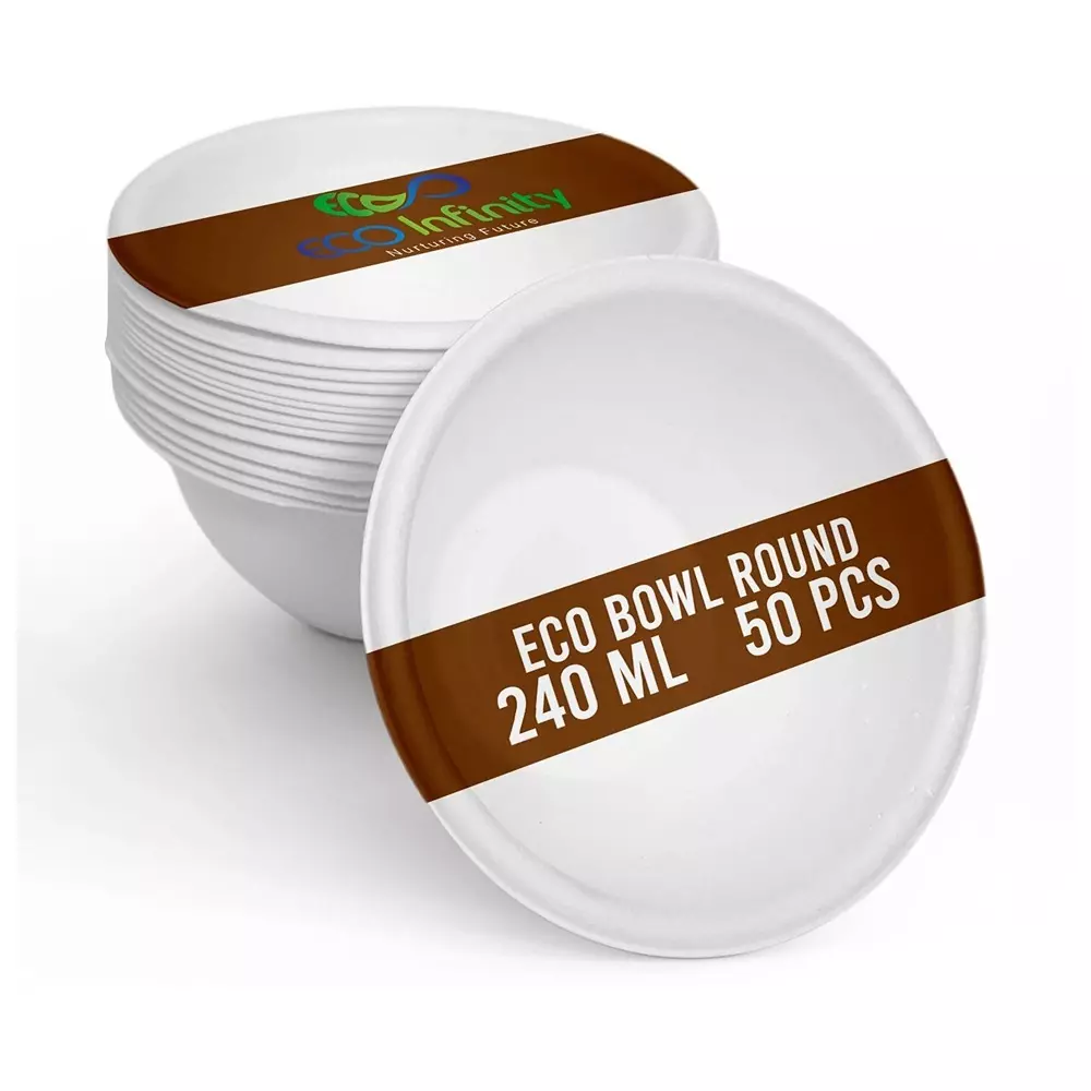 eco-infinity-disposable-bowl-round-shape-white-sugarcane-bagasse-240-ml-capacity-for-serving-snack-dinner-foods-pack-of-50-pcs