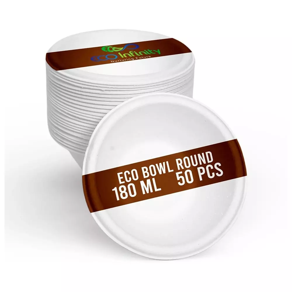 eco-infinity-disposable-bowl-round-shape-white-sugarcane-bagasse-180-ml-capacity-for-serving-snack-dinner-foods-pack-of-50-pcs