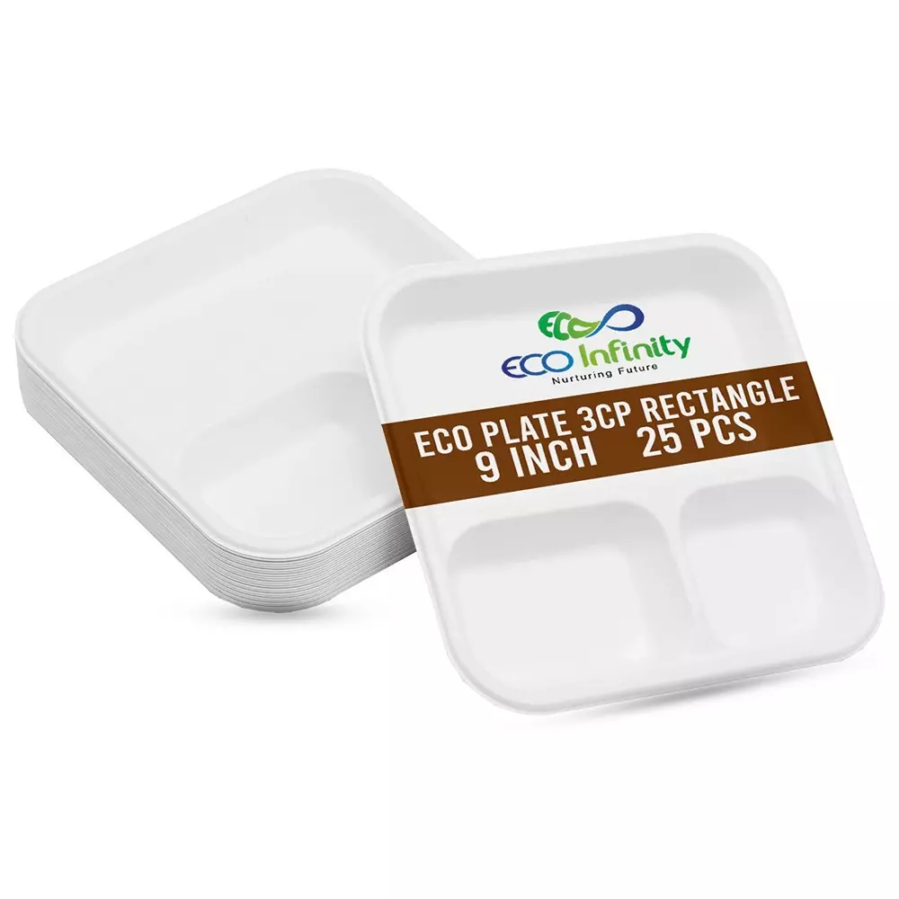 eco-infinity-3-compartment-sectioned-disposable-plate-rectengle-shape-white-sugarcane-bagasse-9-inch-2286-cm-size-for-serving-snack-dinner-foods-pack-of-25-pcs