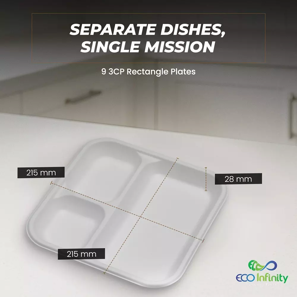 eco-infinity-3-compartment-sectioned-disposable-plate-rectengle-shape-white-sugarcane-bagasse-9-inch-2286-cm-size-for-serving-snack-dinner-foods-pack-of-25-pcs