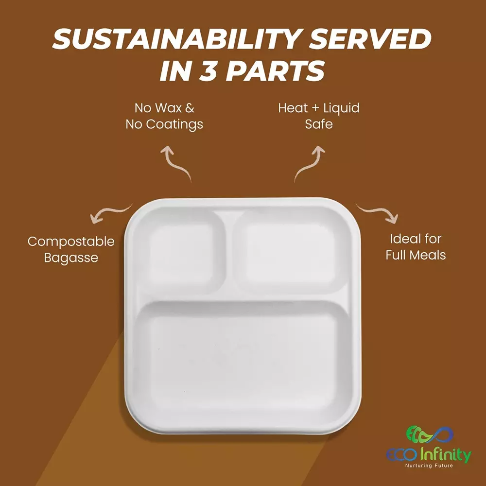 eco-infinity-3-compartment-sectioned-disposable-plate-rectengle-shape-white-sugarcane-bagasse-9-inch-2286-cm-size-for-serving-snack-dinner-foods-pack-of-25-pcs