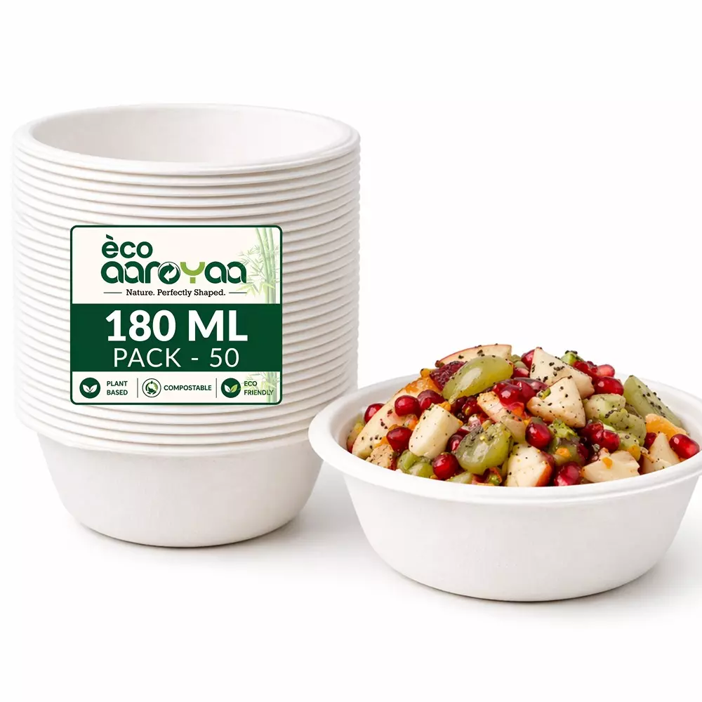 eco-aaroyaa-disposable-bowl-sugarcane-bagasse-white-round-shape-180-ml-capacity-for-desserts-chutneys-sauces-ice-cream-and-snacks-pack-of-50-pcs