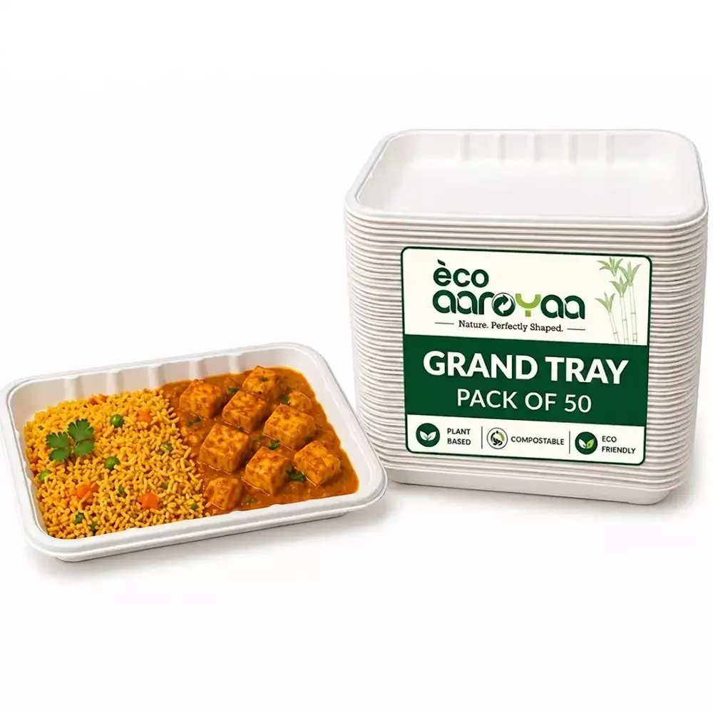 eco-aaroyaa-4d-grand-tray-sugarcane-bagasse-matte-finish-white-for-serving-snack-dinner-foods-pack-of-50-pcs