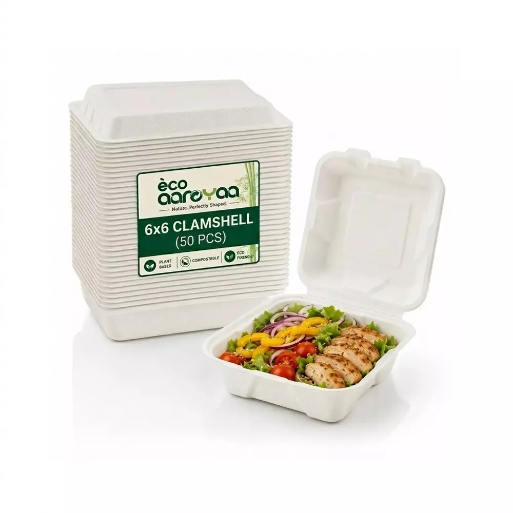 eco-aaroyaa-6x6-clamshell-container-sugarcane-bagasse-white-for-serving-snack-dinner-foods-pack-of-50-pcs