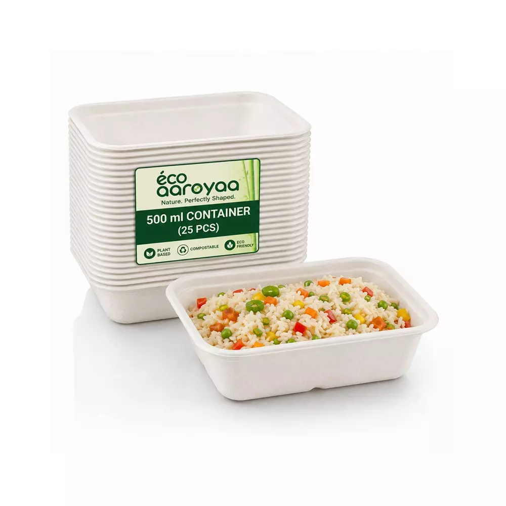 eco-aaroyaa-container-with-lid-sugarcane-bagasse-white-500-ml-capacity-for-serving-snack-dinner-foods-pack-of-25-pcs